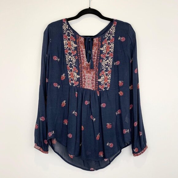 Lucky Brand Tops - Lucky Brand Navy Blue Printed Semi-Sheer Blouse M